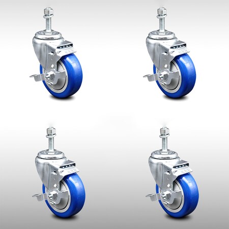 Service Caster 4 Inch SS Blue Polyurethane Swivel 10mm Threaded Stem Caster Set Brake SCC SCC-SSTS20S414-PPUB-BLUE-TLB-M1015-4